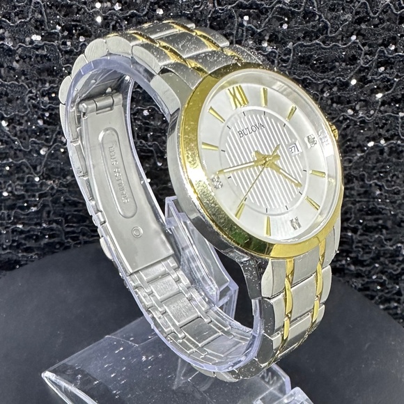 Women's (NWOT) Bulova Two-Tone Silver & Gold with Etched face, Diamonds, & Date - Picture 3 of 3